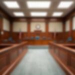Empty courtroom with wooden benches and judge's bench