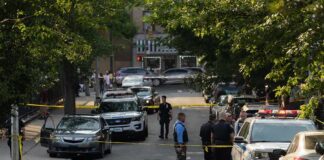 Police Hunt Gunman After Queens Shooting Police officers secure a residential street with patrol cars and yellow tape
