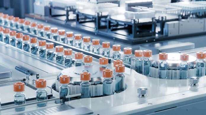 Pharmaceutical vials on an automated production line