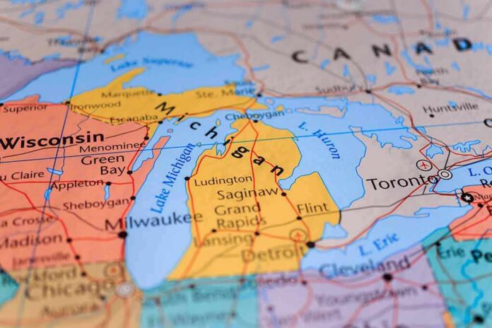 Close-up of a map highlighting Michigan and the Great Lakes