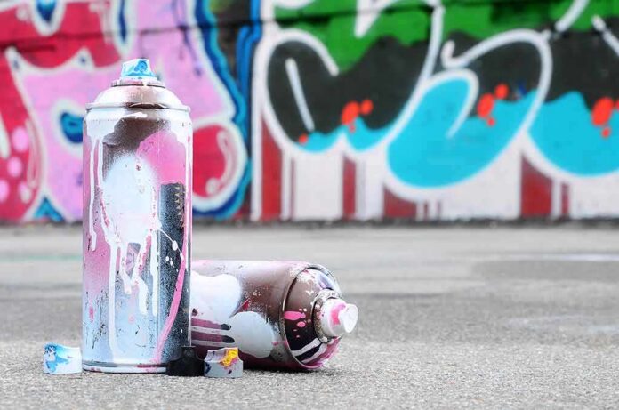 spray paint cans on pavement in front of a graffiti wall