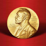 Peace Prize Upset Riles Trump, Israel Gold Nobel Prize medal on red background.