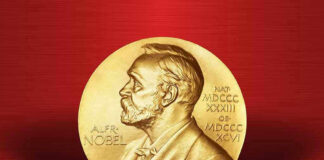 Peace Prize Upset Riles Trump, Israel Gold Nobel Prize medal on red background.