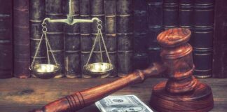 Wellness Check Uncovers Grisly Scam Judge's gavel beside cash and scales of justice on a wooden desk