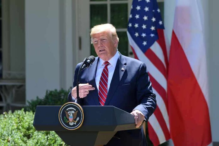 Donald Trump speaking at a podium with U.S. and Polish flags behind him