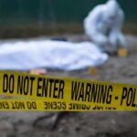 Crime scene with police tape and forensic investigator
