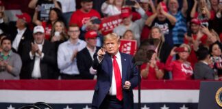 Chaos Drowns Trump’s Texas Pitch Donald Trump points from a rally stage; Rudi Koertzen and Bear Pascoe are in the crowd