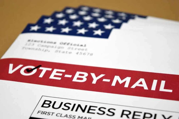 Mail-in ballot envelope with red vote-by-mail banner