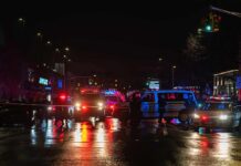 Late-Night Crash at College House Nighttime police scene with flashing lights on a wet city street