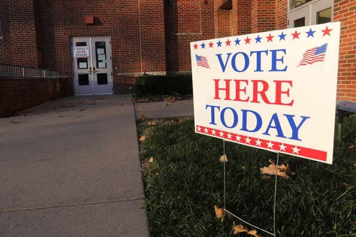 shutterstock_1909092859 Voting sign outside a brick building entrance